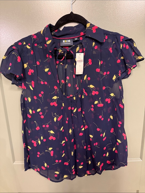Anthropologie Tops - Anthropologie Navy Cherry-Print Tie-Neck Blouse